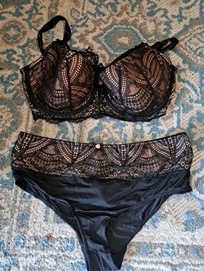 Cacique Black Lace Underwire Bra and Brief Set - Women Intimates